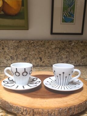 Bodum White Porcelain Espresso Cup & Saucer Set with Black Geometric Pattern